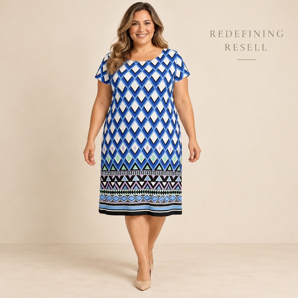 Jessica Howard Womens XXL Blue Geometric Diamond Print Short Sleeve Shift Dress